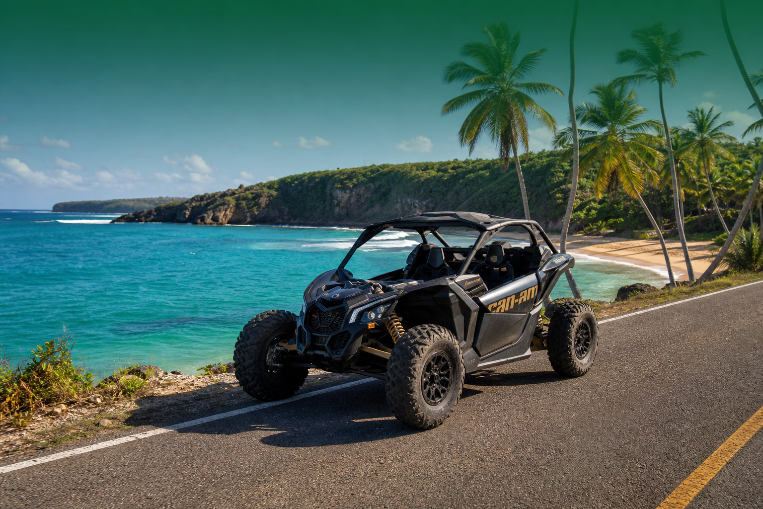 Can-Am Maverick X3 en una carretera costera de Puerto Rico al atardecer